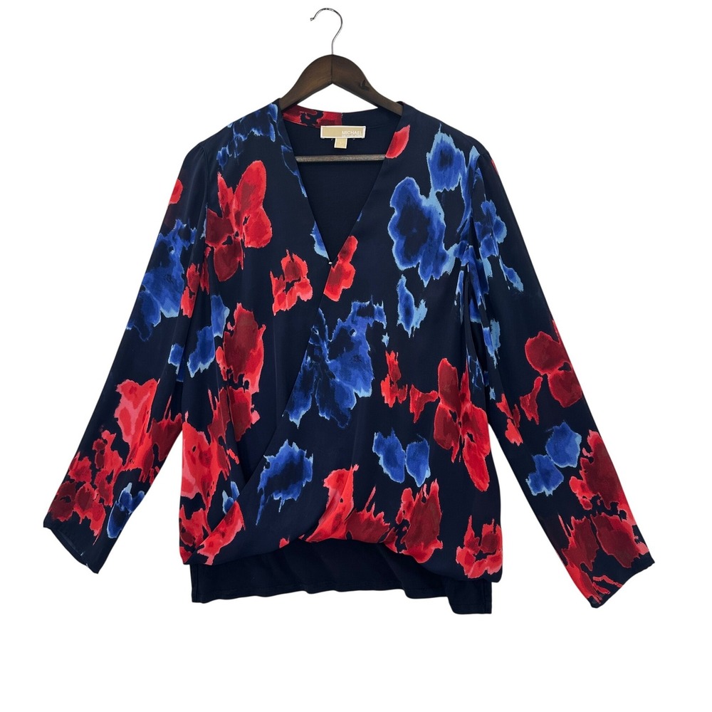 Michael Kors Floral Wrap V Neck Long Sleeve‎ Navy Blue Red Blue Top Shirt L